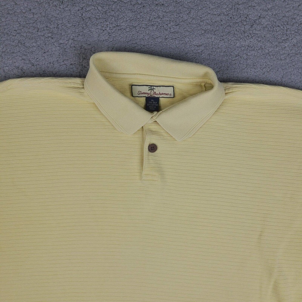 Tommy Bahama‎ Polo Shirt Mens XL Yellow Ribbed Striped Silk Cotton Short Sleeve - Picture 2 of 10